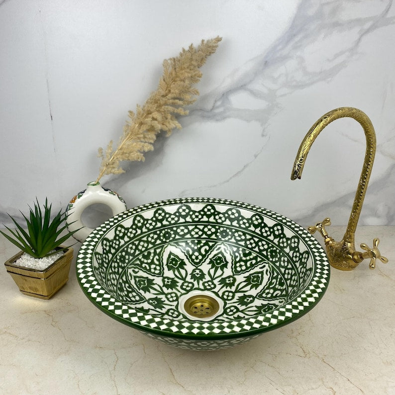 Green DAJAL Ceramic Wash Basin With Wave rim- Handmade Moroccan Basin Sink