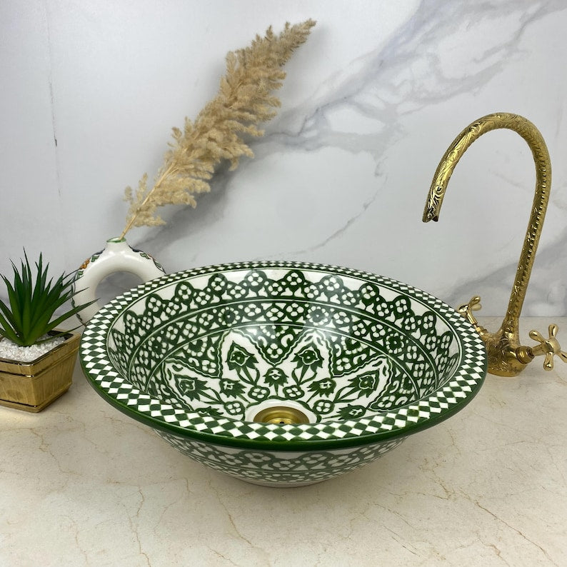 Green DAJAL Ceramic Wash Basin With Wave rim- Handmade Moroccan Basin Sink
