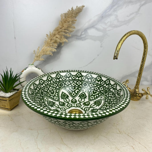 Green DAJAL Ceramic Wash Basin With Wave rim- Handmade Moroccan Basin Sink