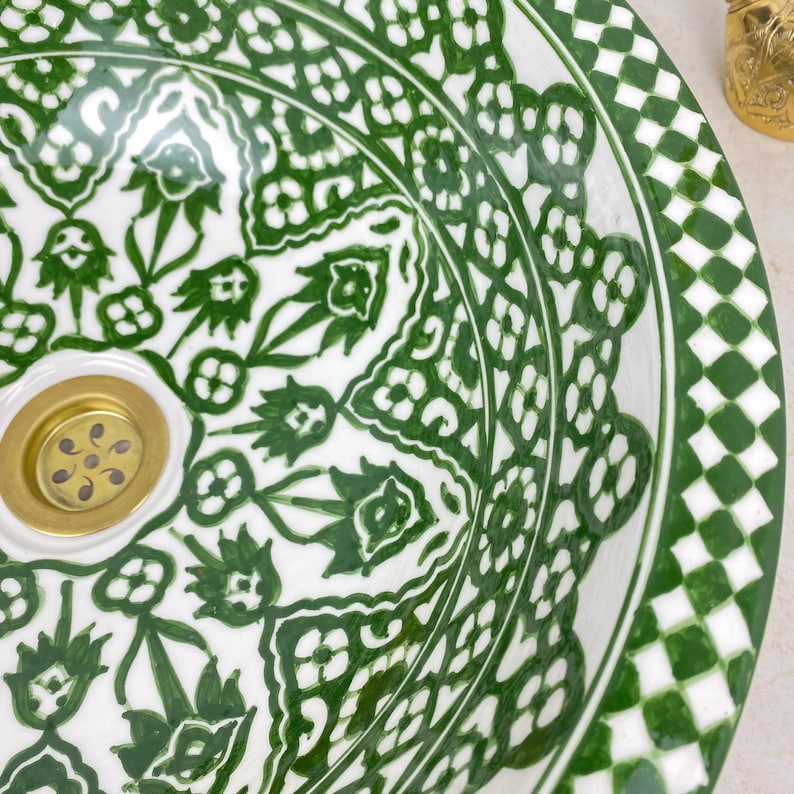 Green DAJAL Ceramic Wash Basin With Wave rim- Handmade Moroccan Basin Sink