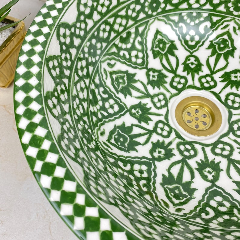Green DAJAL Ceramic Wash Basin With Wave rim- Handmade Moroccan Basin Sink