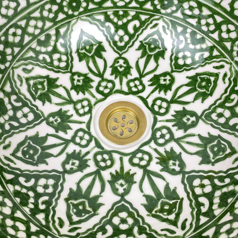 Green DAJAL Ceramic Wash Basin With Wave rim- Handmade Moroccan Basin Sink