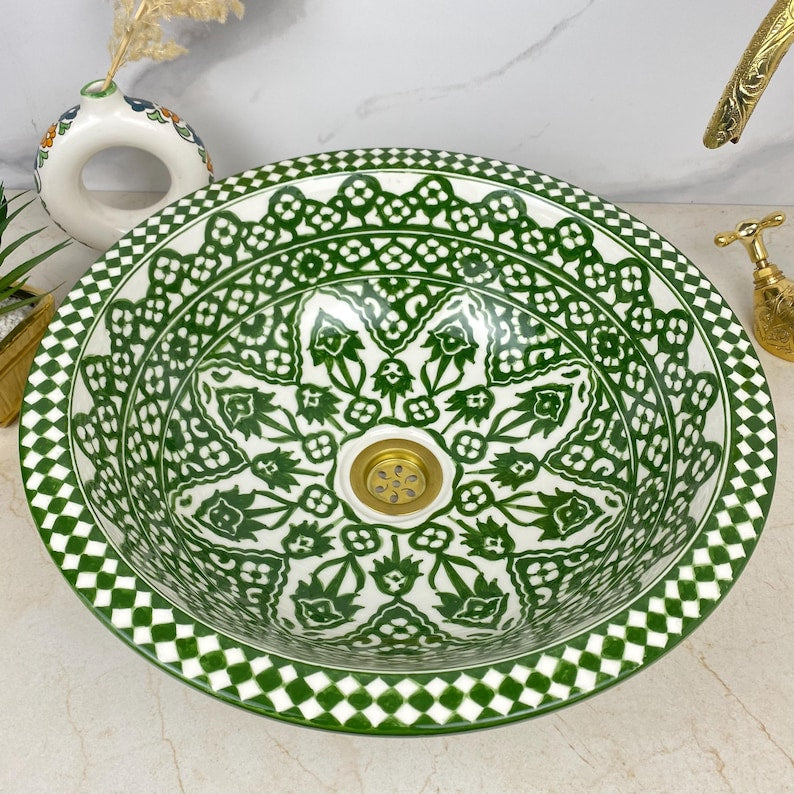 Green DAJAL Ceramic Wash Basin With Wave rim- Handmade Moroccan Basin Sink